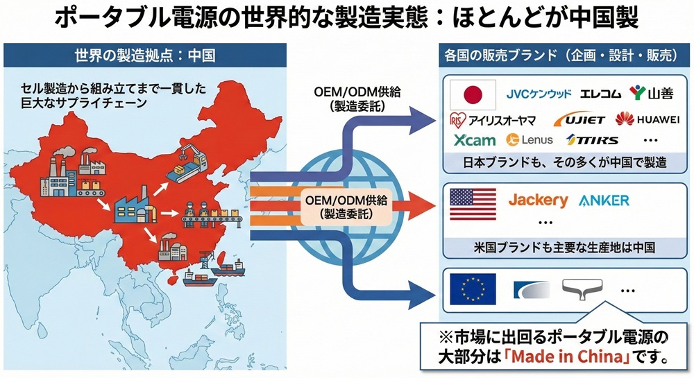 リチウムイオン電池がほぼ中国で製造されている事を示す模式図